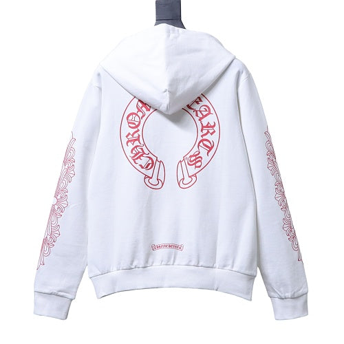 Chrome Hearts Pink Horseshoe Floral Sleeve Pullover Hoodie White