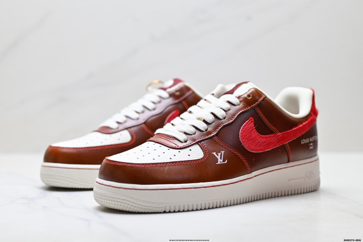 Nike Air Force 1 Low Brown Red Monogram Print Unisex Sneakers Style 06