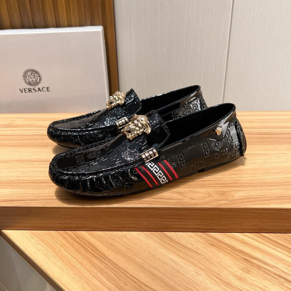 Versace Black Patterned Loafers with Gold-Tone Ornament