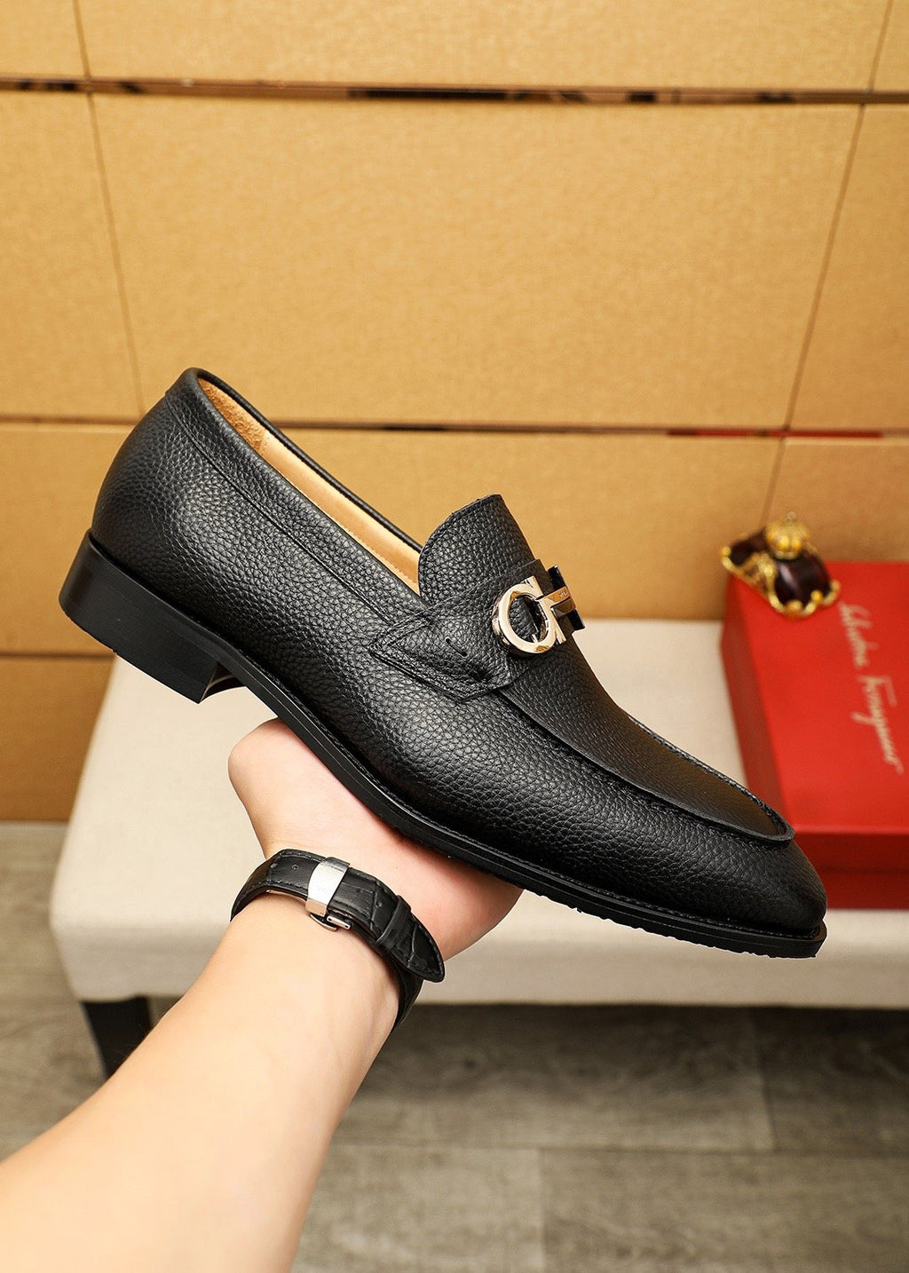 Ferragamo Men's Pebble Leather Buckle Loafers
