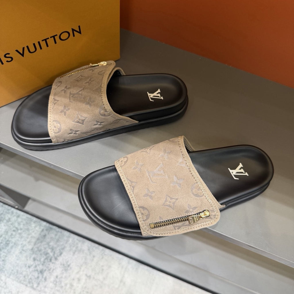 Louis Vuitton Beige and Black Slide Sandals